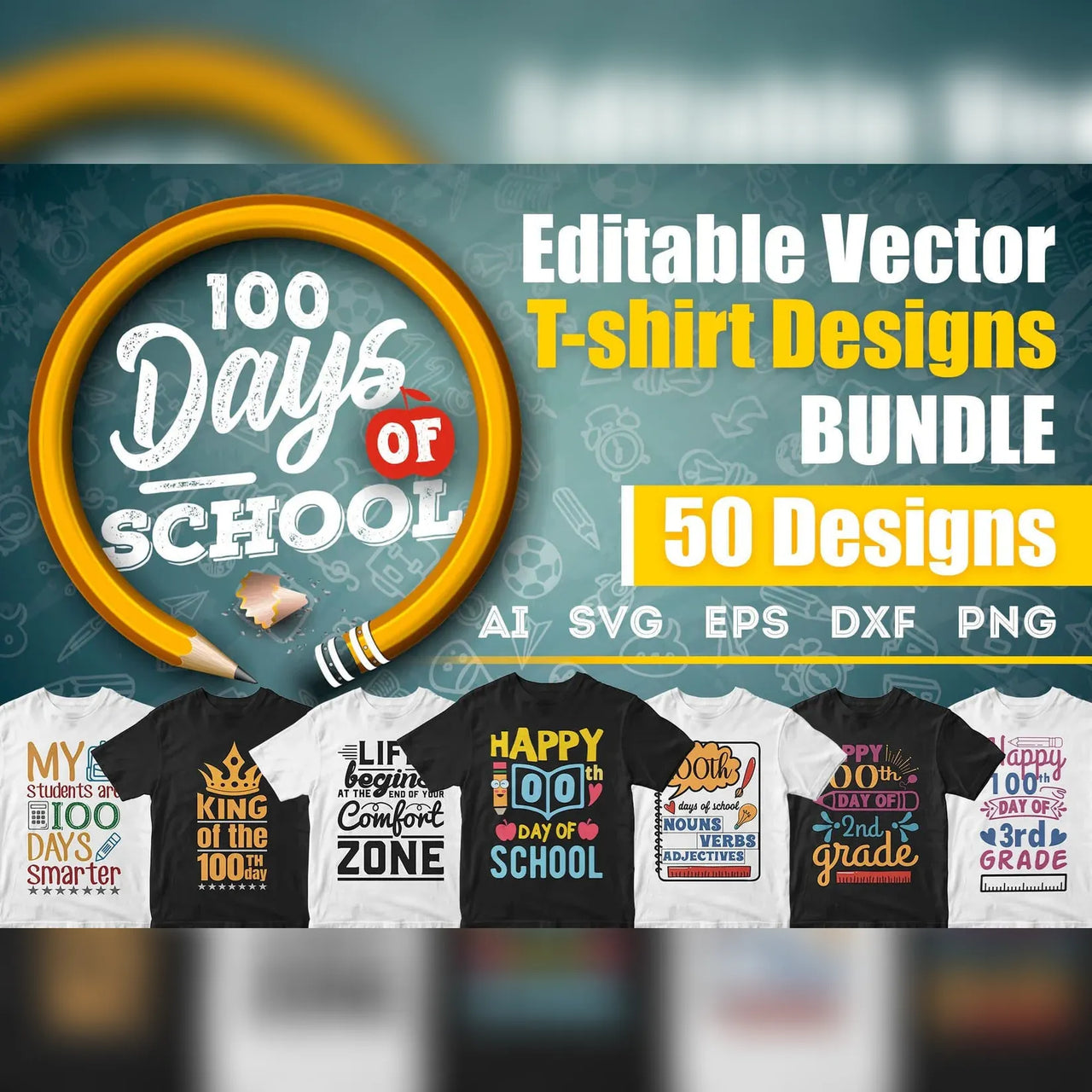 100 Days of School 50 Editable T-shirt Designs Bundle Part 1
